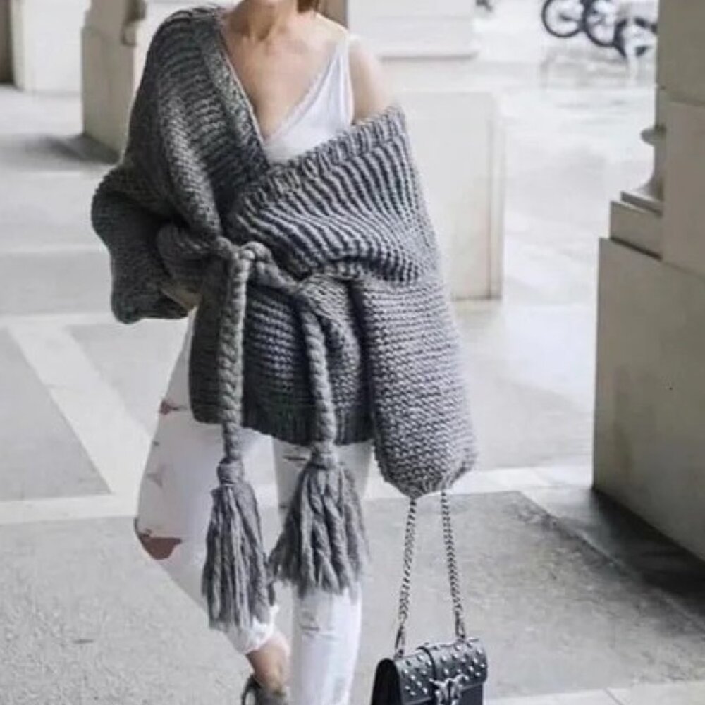 NEW Malibu Bum Grey Chunky Cable Knit Rope Tie Cardigan